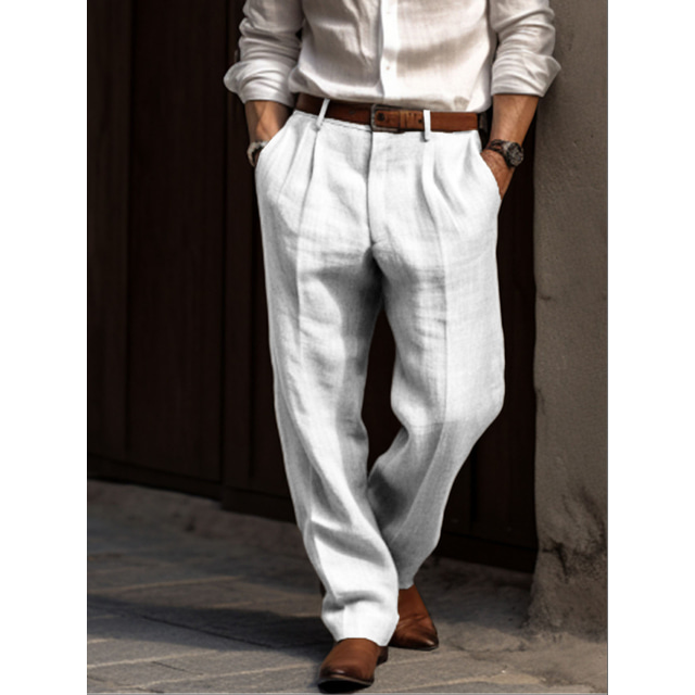  Men's Linen Pants Trousers Summer Pants Pleated Pants Dress Slacks Front Pocket Straight Leg Plain Comfort Breathable Casual Daily Holiday Fashion Basic Black White