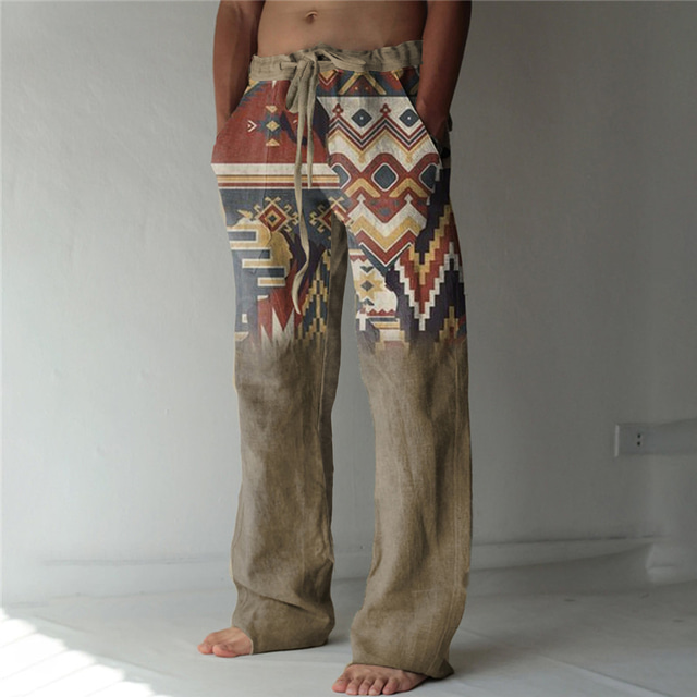  Christmas Native American Print Pants Mens Graphic | Casual Summer Beach Daily Holiday Brown Linen | Trousers Drawstring Elastic Waist 3D Geometric Pattern Prints Comfort 20