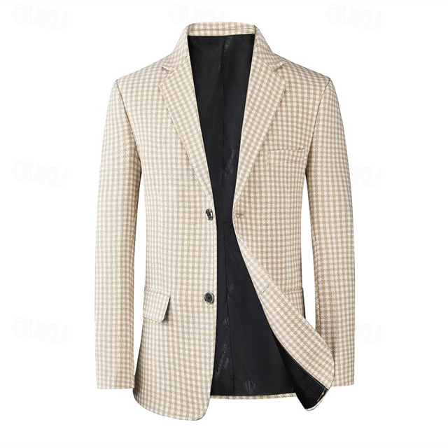  Men's Cocktail Attire Blazer Business Formal Evening Wedding Party Fashion Casual Spring &  Fall Polyester Plaid / Check Geometic Button Pocket Casual / Daily Single Breasted Blazer White Camel Beige