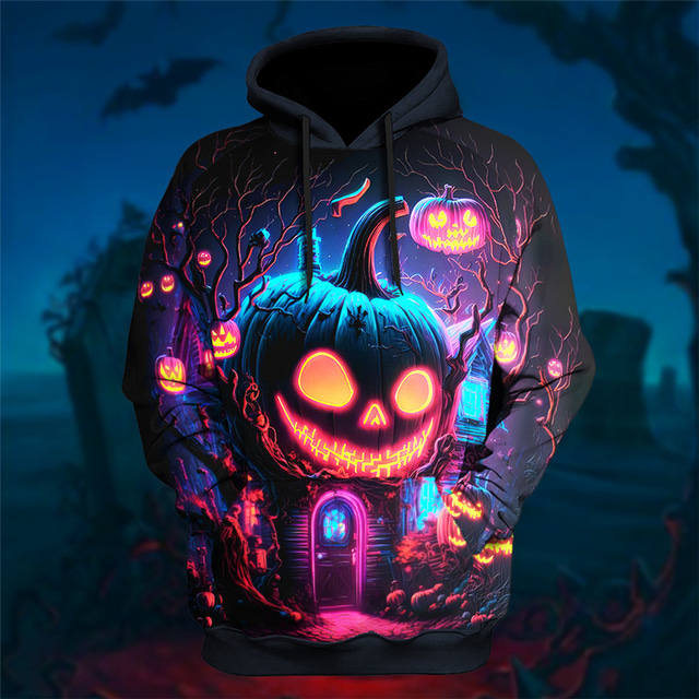  Halloween Hoodie Halloween, Mens Graphic Pumpkin Prints Daily Classic Casual 3D Pullover Holiday Going Out Hoodies Blue Purple Green Hooded Spring & Black Cotton