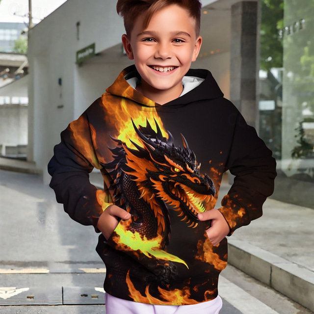  Boys 3D Animal Dragon Hoodie Pullover Long Sleeve 3D Print Fall Winter Fashion Streetwear Cool Kids 3-12 Years Outdoor Casual Daily Regular Fit