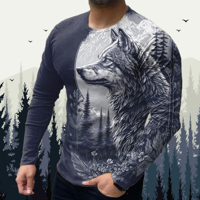  Tier Wolf Grafik-Drucke Designer Basic Brautkleider schlicht Herren 3D-Druck T Shirt Grafischen T-Shirt Outdoor Täglich Sport T-Shirt Schwarz Gelb Blau Langarm Rundhalsausschnitt Hemd Frühling