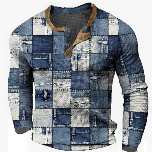  Mens Graphic Shirt Plaid Designer Casual Vintage Retro 3D Print Henley Waffle Tee Sports Outdoor Holiday Festival Light Blue Navy