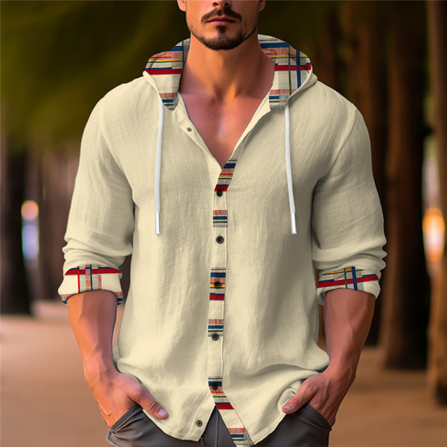  casual herenoverhemd met streepgeometrie outdoor street casual dagelijkse herfst& winterhoodie met lange mouwen, abrikoosgrijs sml-shirt