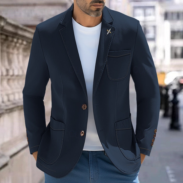  Men's Graduation Blazer Denim Jacket Business Formal Evening Wedding Party Fashion Casual Spring &  Fall Denim Plain Pocket Casual / Daily Single Breasted Two-button Blazer Black Navy Blue Blue