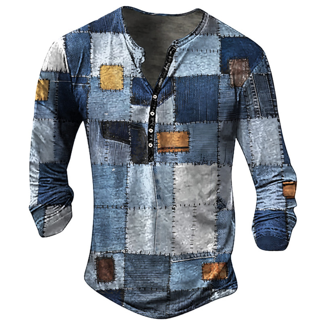  Graphic Patchwork Fashion Daily Casual Men's 3D Print Henley Shirt Casual Holiday Going out T shirt Light Blue Royal Blue Blue Long Sleeve Henley Shirt Spring &  Fall Clothing Apparel S M L XL XXL