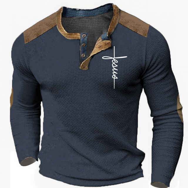  Graphic Fe Moda Design Casual Hombre Impresión 3D Henley Shirt Camiseta de gofres Deporte Festivos Festival Camiseta Negro Azul Marino Caqui Manga Larga Henley Camisa Primavera & Otoño Ropa S M L XL