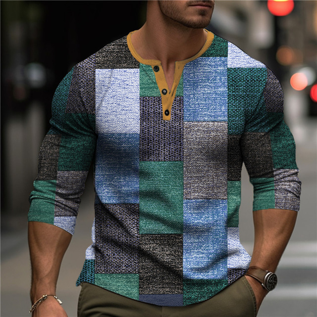  Graphic Plaid Bloque de color Moda Design Casual Hombre Impresión 3D Henley Shirt Camiseta de gofres Deporte Festivos Festival Camiseta Azul Piscina Naranja Verde Trébol Manga Larga Henley Camisa