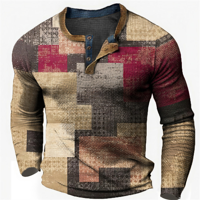  Graphic Patchwork Colorful Fashion Designer Casual Men's 3D Print Henley Shirt Waffle T Shirt Sports Outdoor Holiday Festival T shirt Blue Brown Green Long Sleeve Henley Shirt Spring &  Fall Clothing