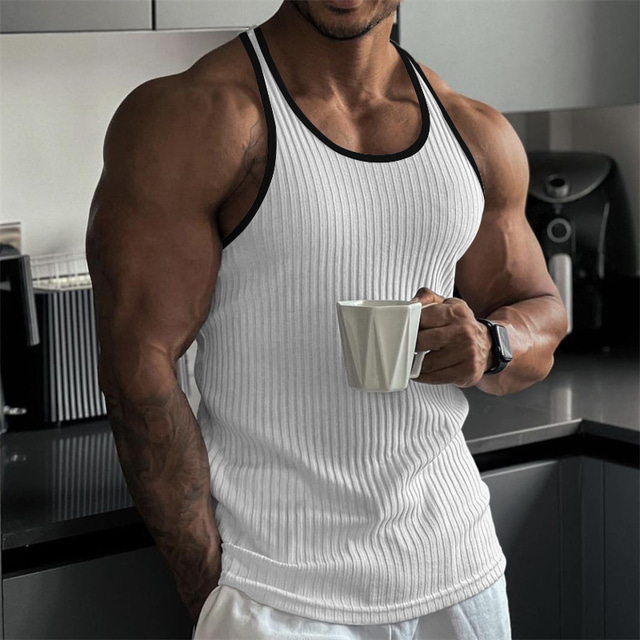  Men's Tank Top Undershirt Sleeveless Shirt Ribbed Knit tee Wife beater Shirt Color Block Pit Strip Crew Neck Outdoor Going out Sleeveless Clothing Apparel Fashion Designer Muscle