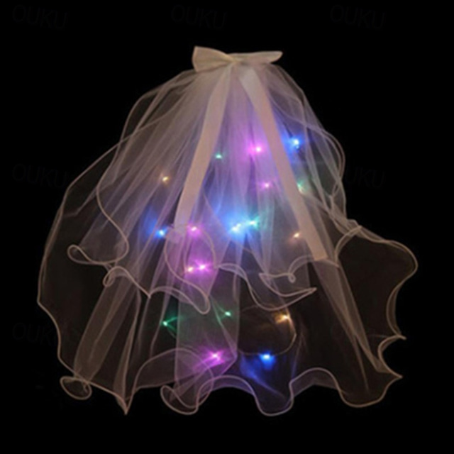  LED Luminous Head Veil Long 23.62inch Luminous Yarn Fairy Children's Ribbon Bow Veil With Light String Party Wedding Bride