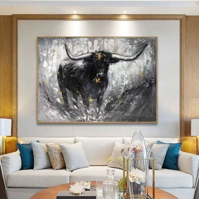  Handmade Oil Painting Canvas Wall Art Decoration Black-and-White Abstract Style Animal Bull for Home Decor Rolled Frameless Unstretched Painting