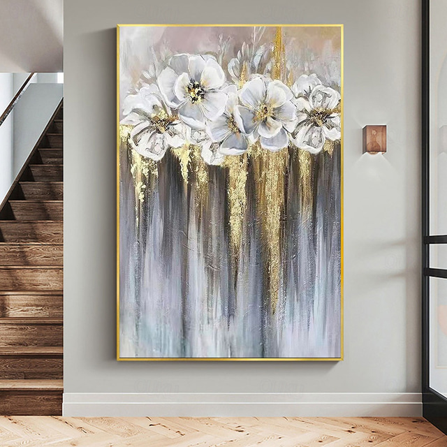  Handmade Hand Painted Oil Painting Wall Abstract White Blooming Flower Oil Painting On Canvas Original Golden Floral Acrylic Painting Modern Large Wall Art Decor Rolled Canvas No Frame Unstretched