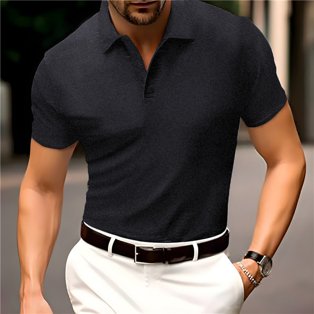  Men's Button Up Polos Polo Shirt Casual Holiday Lapel Short Sleeve Fashion Basic Plain Button Summer Regular Fit Black Dark Blue Dark Gray Coffee Button Up Polos