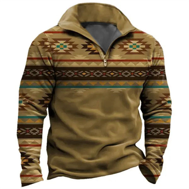  Geometric Pattern Sweater Mens Graphic Hoodie Tribal Prints Daily Classic Casual 3D Sweatshirt Zip Pullover Holiday Going Out Streetwear Sweatshirts Blue Brown Green Native American Grey Cot