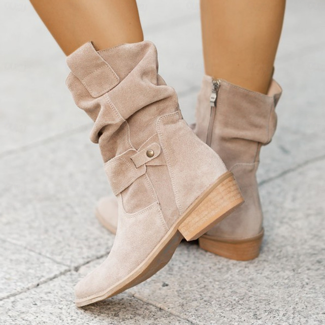  Women's Casual Beige Faux Suede Slouchy Ankle Boots with Buckle Detail - Perfect for Everyday Wear, Autumn Outings, and Casual Gatherings