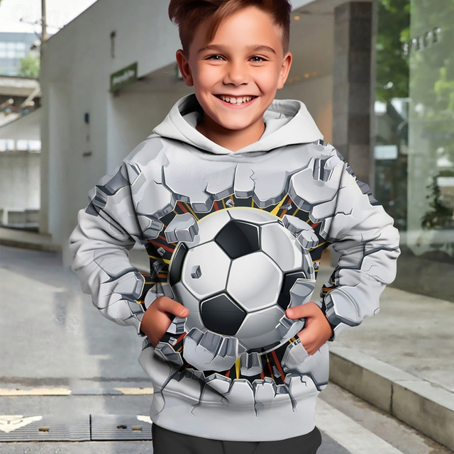  Gutt 3D Fotball Hattetrøje Pullover Langermet 3D-utskrift Høst Vinter Mote Gatemote Kul Barn 3-12 år utendørs Avslappet Daglig Normal