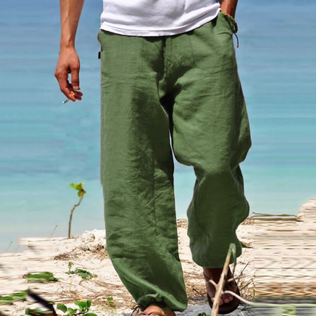  Men's Linen Pants Trousers Summer Pants Beach Pants Drawstring Elastic Waist Straight Leg Plain Comfort Yoga Daily Fashion Streetwear Navy Black