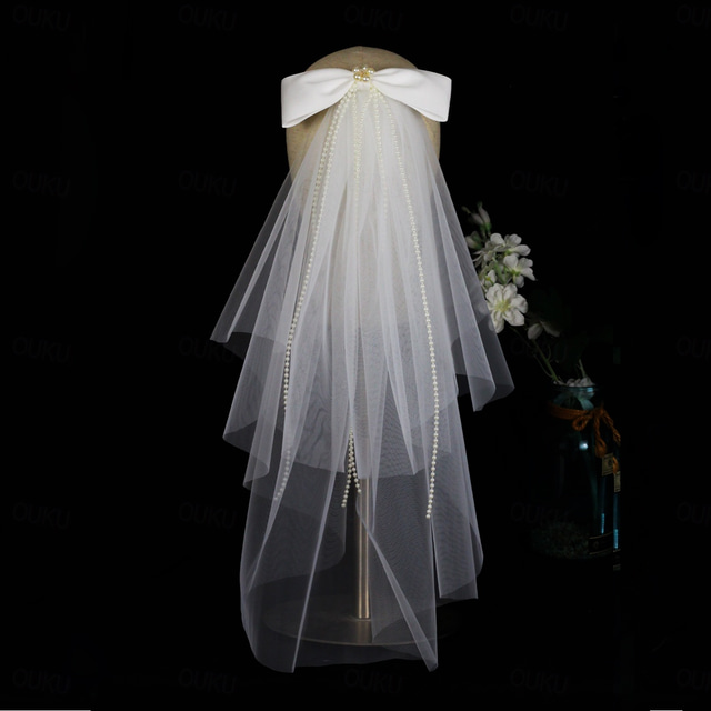  2 strati stile sveglio Veli da sposa Velo corto (ai gomiti) con Perle false / Fiocco in satin Tulle