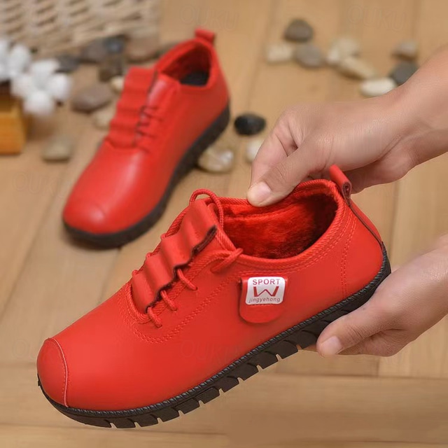  Women's Sneakers Flats Slip-Ons Valentines Gifts Plus Size Soft Shoes Valentine's Day Daily Solid Color Winter Flat Heel Round Toe Elegant Casual Comfort Walking PU Lace-up Black Red