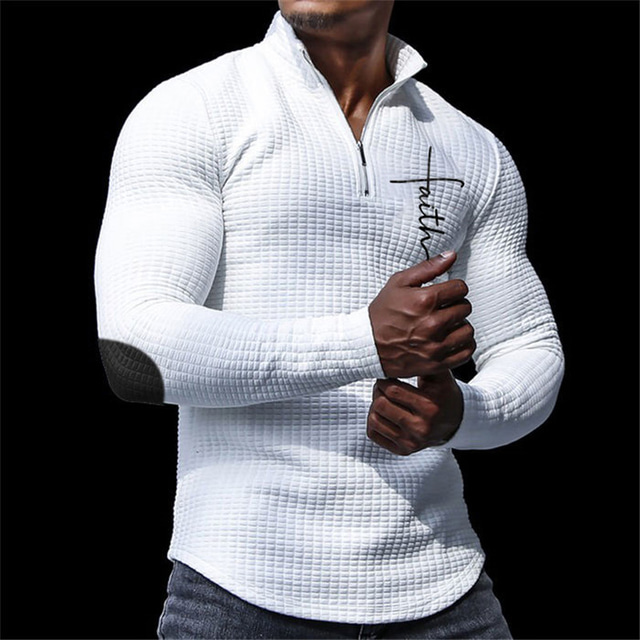 Men's 3D Print Waffle Polo Shirt Golf Polo Casual Daily Long Sleeve Turndown Zip Polo Shirts Black White Fall & Winter S M L Lapel Polo