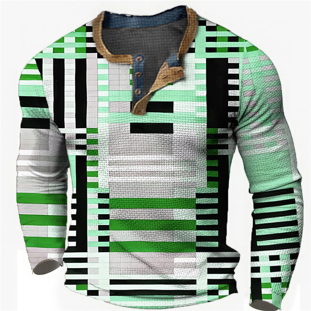  Graphic Geometic Fashion Designer Casual Men's 3D Print Henley Shirt Waffle T Shirt Sports Outdoor Holiday Festival T shirt Blue Green Khaki Long Sleeve Henley Shirt Spring &  Fall Clothing Apparel S