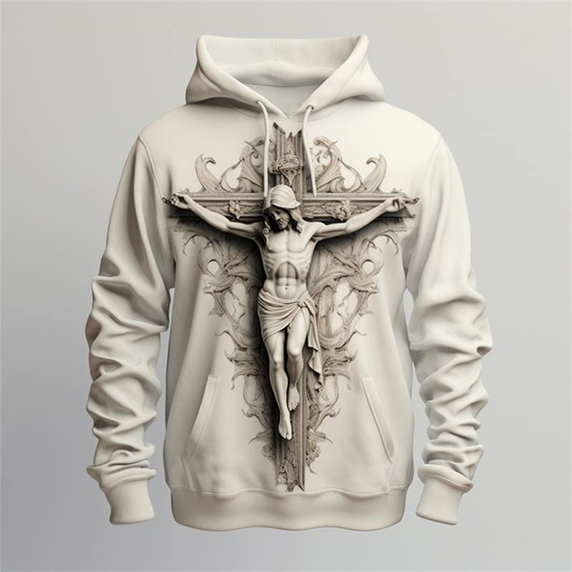  Easter Crucifixion Of Jesus Mens Graphic Hoodie Cross Faith Fashion Daily Basic 3D Print Pullover Sports Outdoor Holiday Vacation Hoodies Beige Hooded Front Pocket Spring Religious White Cotton