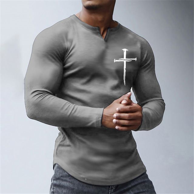  Graphic Faith Sports Designer Retro Vintage Men's 3D Print T shirt Tee Sports Outdoor Holiday Going out T shirt Black Burgundy Green Long Sleeve V Neck Shirt Spring &  Fall Clothing Apparel S M L XL