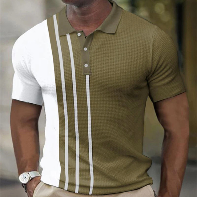  Men's Waffle Polo Shirt Golf Shirt Work Street Polo Collar Classic Short Sleeve Fashion Casual Striped Button Front Summer Spring Spring & Summer Regular Fit Black Army Green Blue Light Grey Waffle
