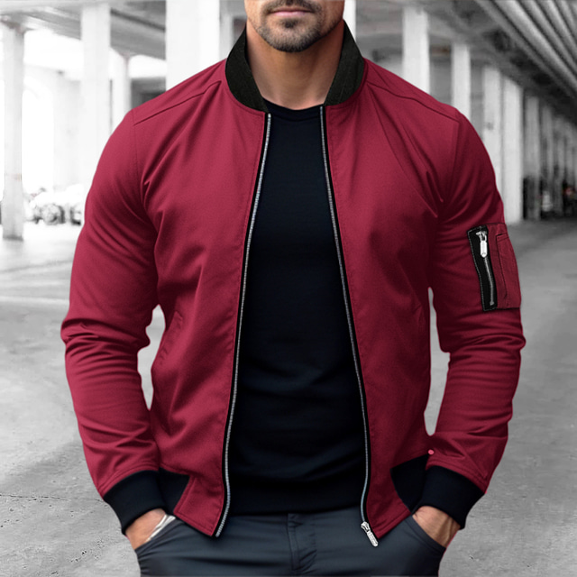  Men's Bomber Jacket Varsity Jacket Outdoor Sport Warm Pocket Fall Winter Plain Fashion Streetwear Stand Collar Short Black Blue Red & White Green Khaki Jacket