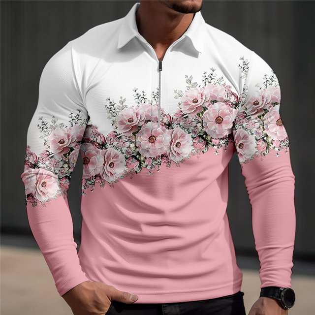  Floral Men's Casual 3D Print Zip Polo Outdoor Casual Daily Streetwear Polyester Long Sleeve Turndown Zip Polo Shirts Pink Blue Fall & Winter S M L Lapel Polo