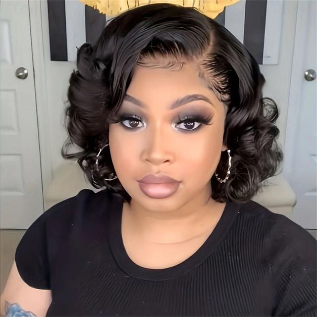  Synthetic Wig Curly Asymmetrical Wig Short Black Synthetic Hair Women's Fashionable Design Soft Natural Black