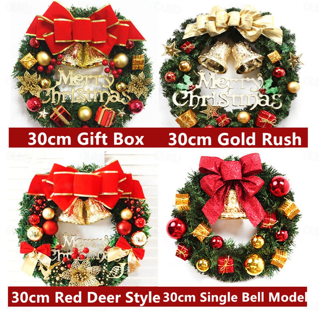  Christmas Wreath Outdoor for Front Door Winter Wreath Window Wall Decoration Garland Wreath Ornaments with Bells Balls Berries Bowknot for Christmas Will Fit Indoor Outdoor House Wall Decor