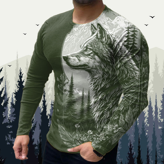  Voor heren dier Wolf Grafische prints T-shirt Grafische T-shirts Lange mouw T-shirt 3D-afdrukken Strakke ronde hals Overhemd Ontwerper Basic Casual Buiten Dagelijks Sport Zwart Geel blauw Lente