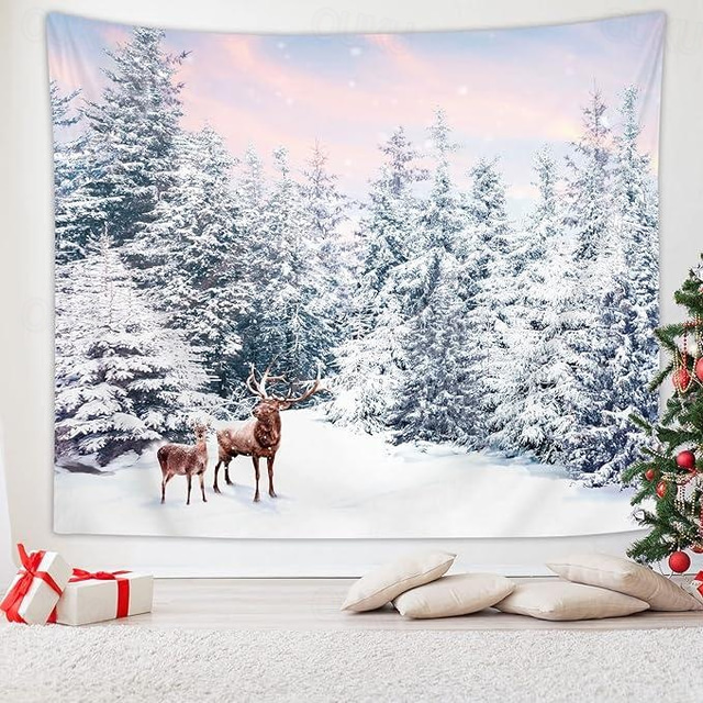  Winter Wonderland Snow Hanging Tapestry Wall Art Large Tapestry Mural Decor Photograph Backdrop Blanket Curtain Home Bedroom Living Room Decoration Reindeers