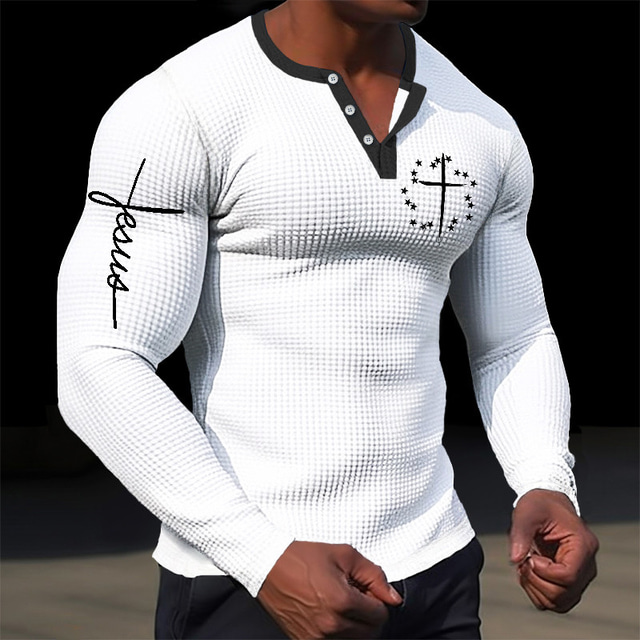  Graphic Cross Jesus Designer Simple Casual Men's 3D Print Henley Shirt Waffle T Shirt Sports Outdoor Holiday Festival T shirt Black White Brown Long Sleeve Henley Shirt Spring &  Fall Clothing Apparel