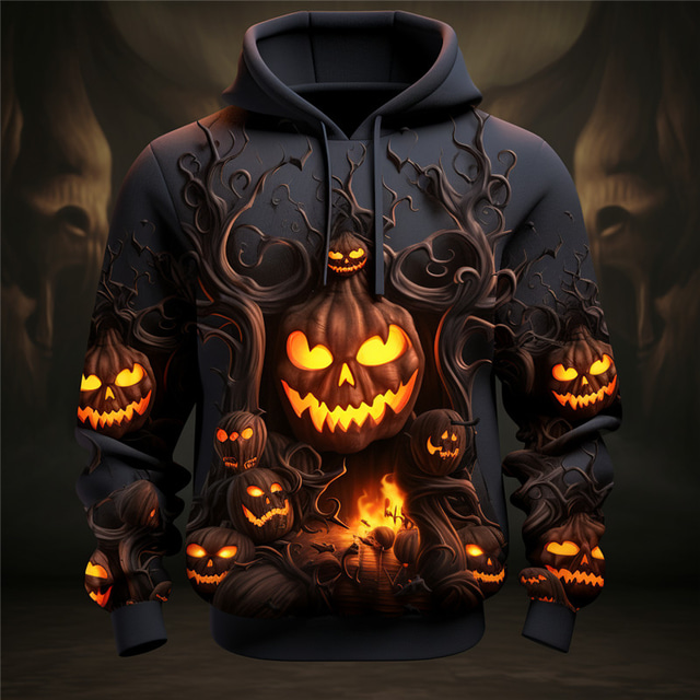  Halloween Mens Graphic Hoodie Pumpkin Prints Daily Classic Casual 3D Pullover Holiday Going Out Hoodies Black Yellow Purple Long Sleeve Hooded Pumpkins Green Cotton Printed