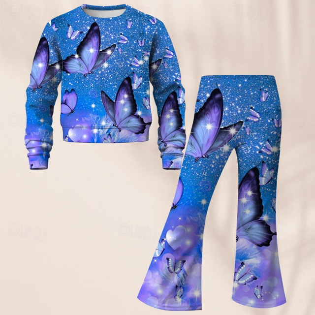  Girls' 3D Butterfly Set Sweatshirt & Flare Pants Set Long Sleeve 3D Print Fall Winter Active Fashion Daily Kids 3-12 Years Crew Neck Outdoor Vacation Date Regular Fit