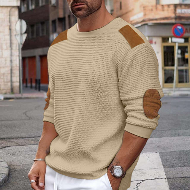  Men's Sweater Pullover Ribbed Waffle Knit Knitted Plain Crew Neck Keep Warm Modern Contemporary Daily Wear Going out Clothing Apparel Fall & Winter Black White S M L