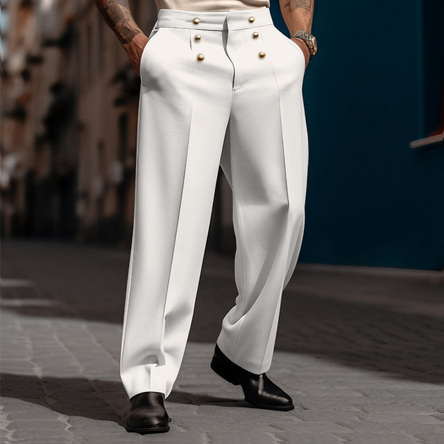  男性用 スーツ ズボン カジュアルパンツ スーツパンツ ボタン フロントポケット まっすぐな足 平織り 履き心地よい ビジネス 日常 祝日 ファッション シック・モダン ブラック ホワイト