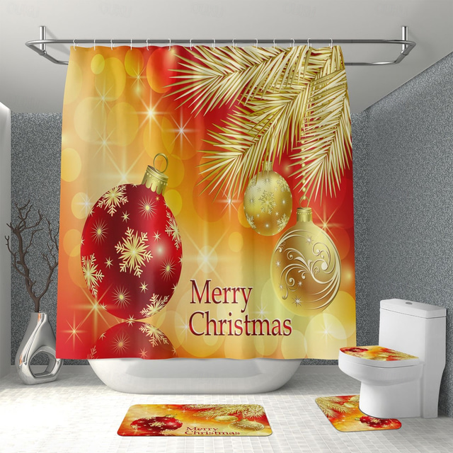  Christmas Decoration Shower Curtain with Hooks Bathroom Decor Waterproof Fabric Shower Curtain Set（4pcs include U Shape Rug, Toilet Lid Cover, Bath Mat,180*180cm Shower Curtain ）