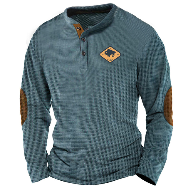  buffalo sweter męskie graficzne bluza z kapturem projektant proste na co dzień 3d drukuj koszula henley wafel sport na świeżym powietrzu wakacje festiwal niebieski brązowy zieleń wojskowa z długim