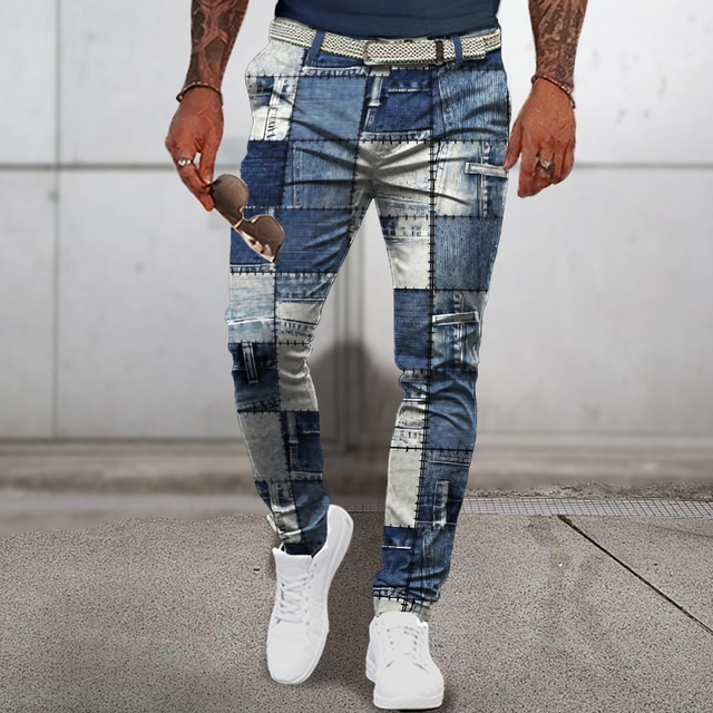  patchwork vzor kostkovaná geometrie pánské business 3D potištěné šaty kalhoty kalhoty klasického střihu ploché přední kalhoty námořnická modř střední pas outdoor street wear s do 3xl