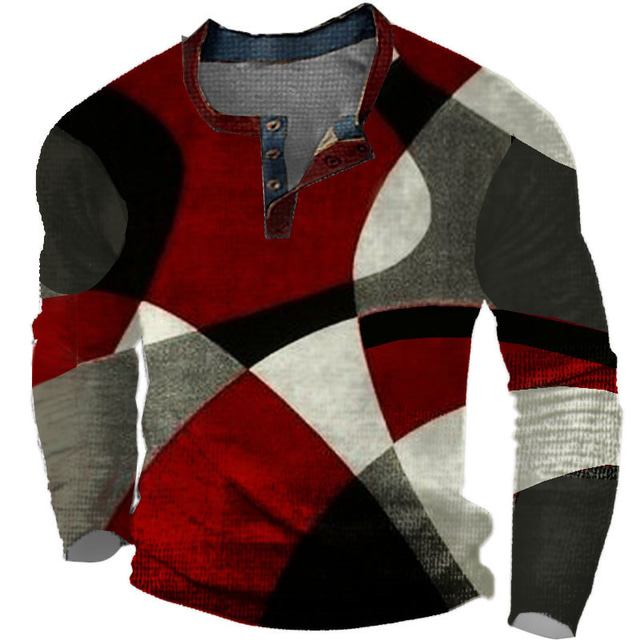  клетчатый свитер мужская графическая рубашка колор блок модельер базовый 3d принт вафельный Хенли повседневный стиль классика на открытом воздухе повседневная футболка с длинным рукавом
