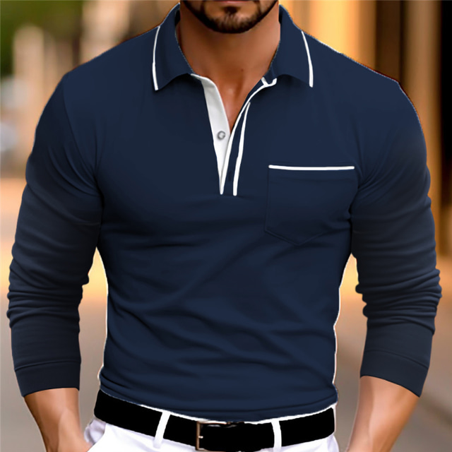  Men's Business Polo Golf Shirt Casual Sports Lapel Long Sleeve Fashion Basic Plain Button Spring &  Fall Regular Fit Wine Dark Blue Gray Business Polo