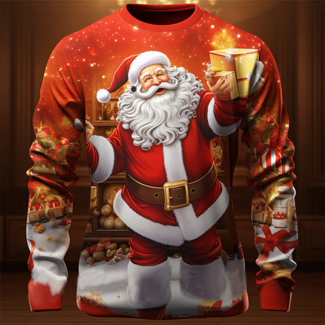 Weihnachts-T-Shirt, Grafik, Weihnachtsmann, Modedesigner, lässig, Herren-T-Shirt mit 3D-Druck, T-Shirt, Sport, Outdoor, Urlaub, Ausgehen, Weihnachts-T-Shirt, rot, langärmelig, Rundhals-Shirt,