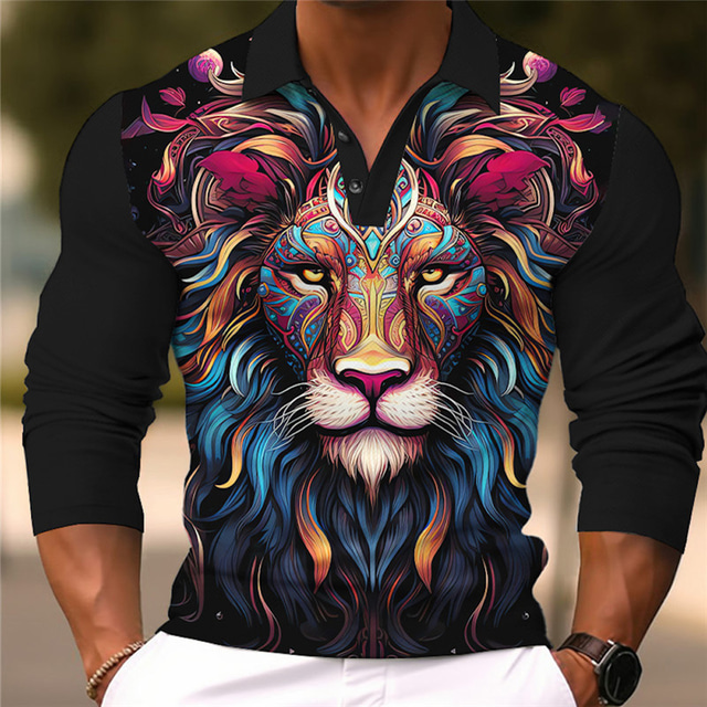  Lion Elk Men's Abstract 3D Print Outdoor Casual Daily Streetwear Polyester Long Sleeve Turndown Polo Shirts Blue Gold Fall & Winter S M L Micro-elastic Lapel Polo