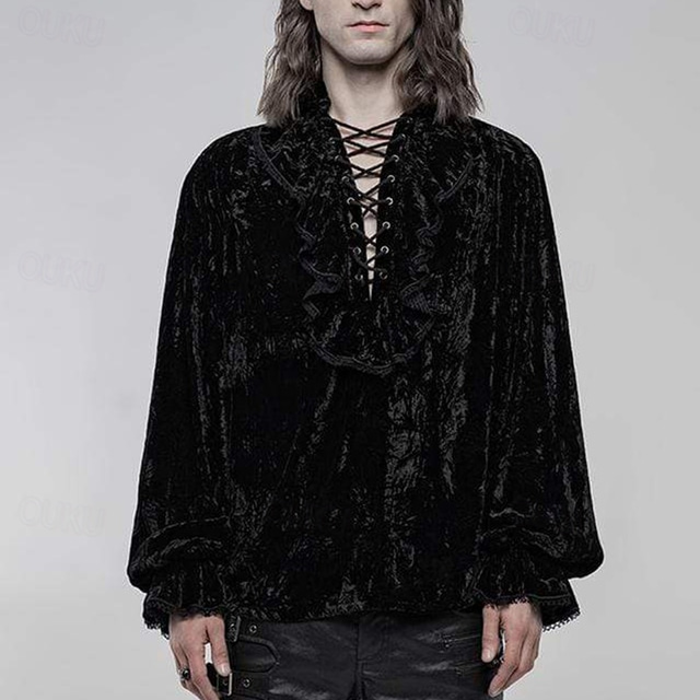  Men's Gothic Ruffles Loosed Velvet Shirts Punk & Gothic Medieval Steampunk Vampire  Cosplay Costume Halloween Party