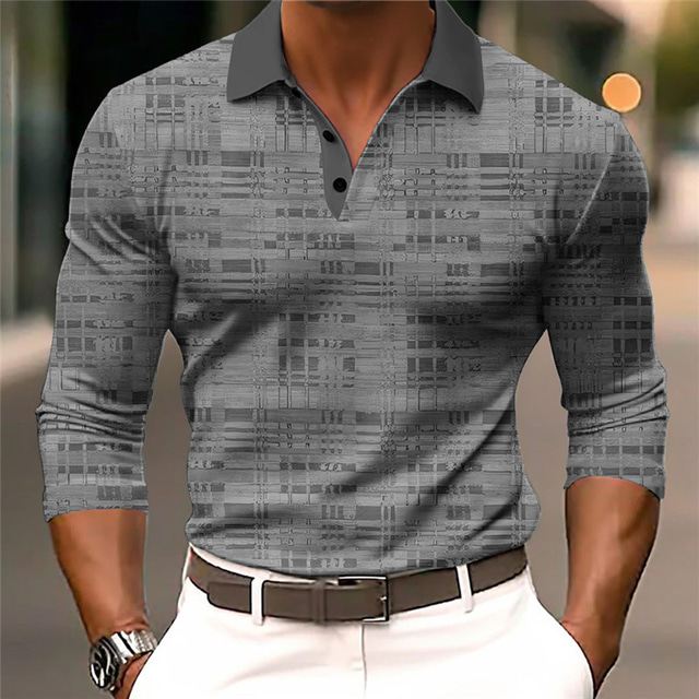  Homens Xadrez Geometria pólo de golfe Manga Longa Camisas polo Aberto para a Lateral Casual Ao ar livre Casual / Diário Streetwear 3D Imprimir Azul Roxo Claro Roxo