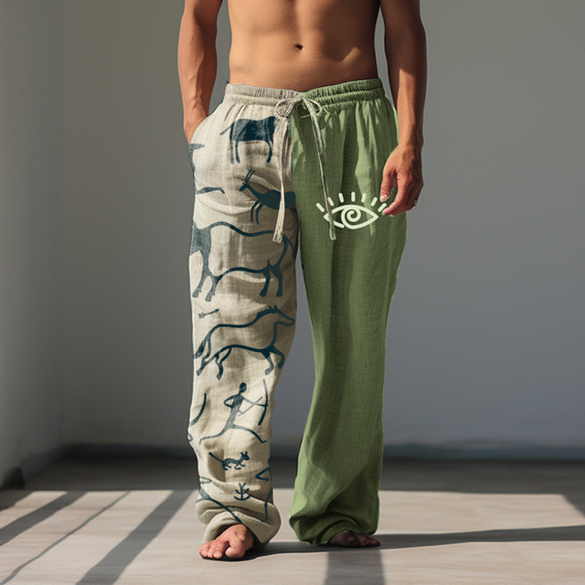  Men's Linen Pants Trousers Summer Pants Beach Pants Drawstring Elastic Waist 3D Print Graphic Prints Comfort Casual Daily Holiday 20% Linen Vintage Classic Style Blue Green